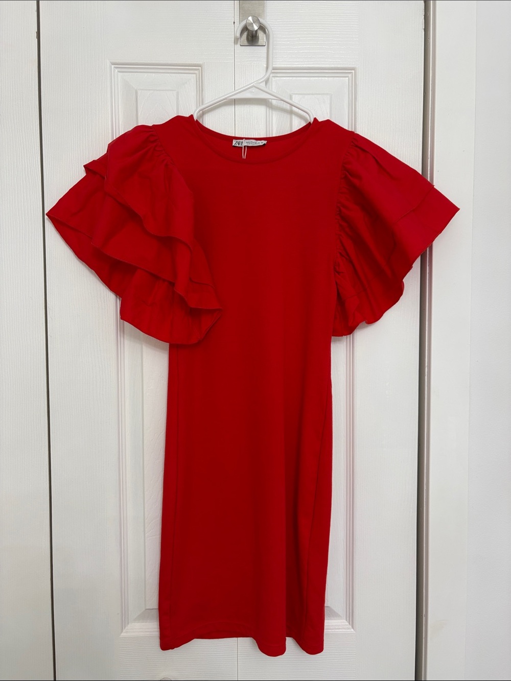 Zara Red Midi Dress with Layered Ruffle Sleeves